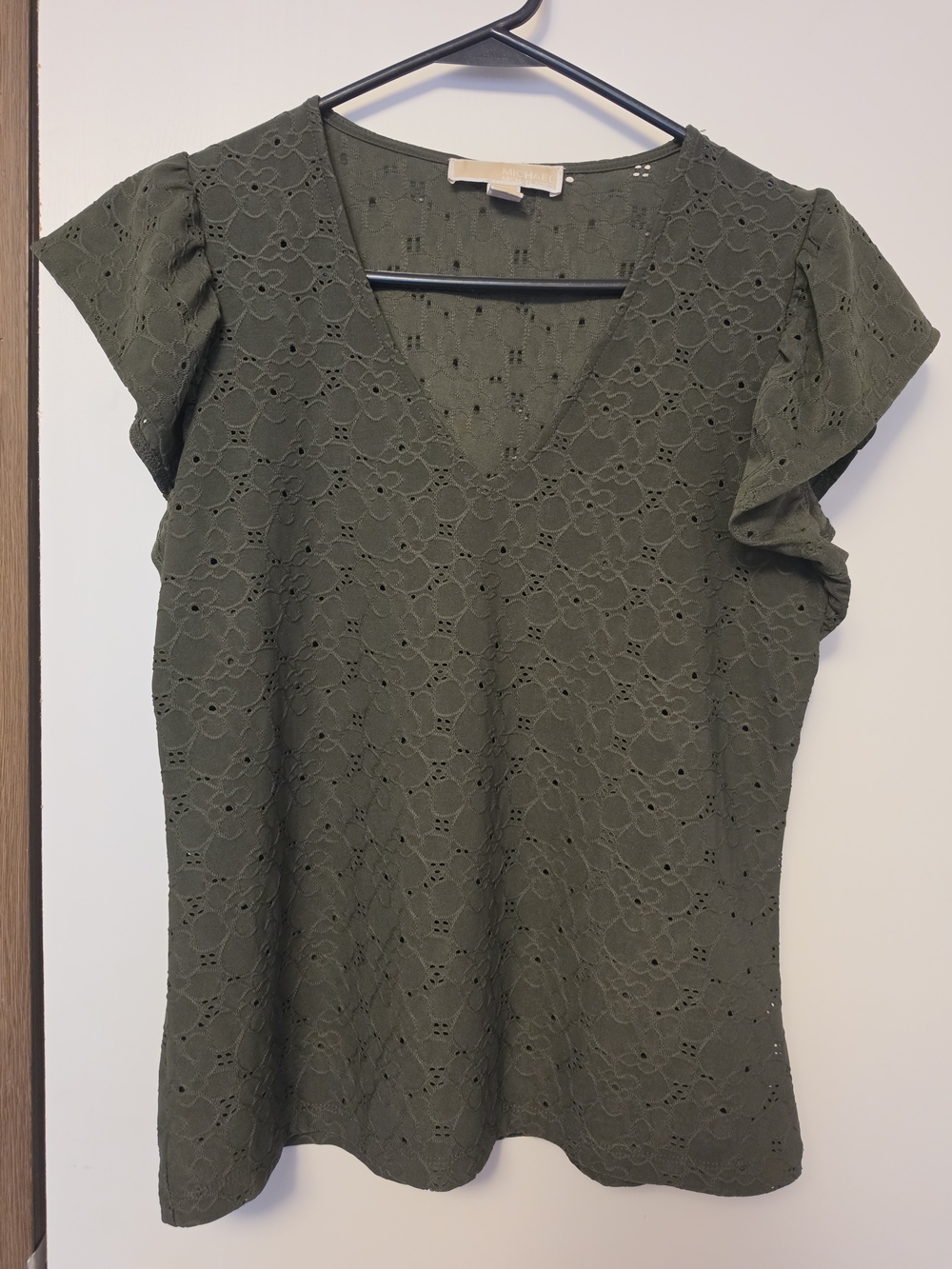 Michael Kors Olive Eyelet V-Neck Flutter Sleeve Blouse